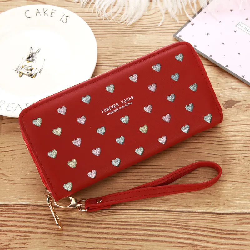 

Heart Printing Long Ladies Wristlet for Phone Large Capacity 2019 New Pink Wristlet Wallet with Strap Lanyard Pouch Wristlet bag