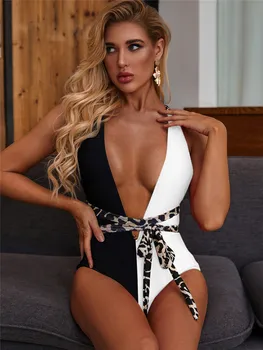 

Peachtan Leopard print one piece swimsuit female Deep v-neck bikini 2020 Bandage bathing suit monokini swimwear women bathers