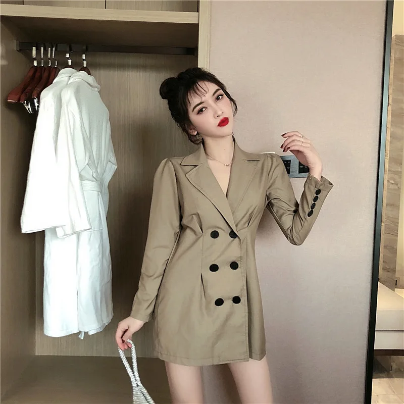 

Photo Shoot Net Price + 2 New Style Retro Hong Kong Flavor Loose-Fit Mid-length Elegant Long Sleeve High-waisted Double Breasted