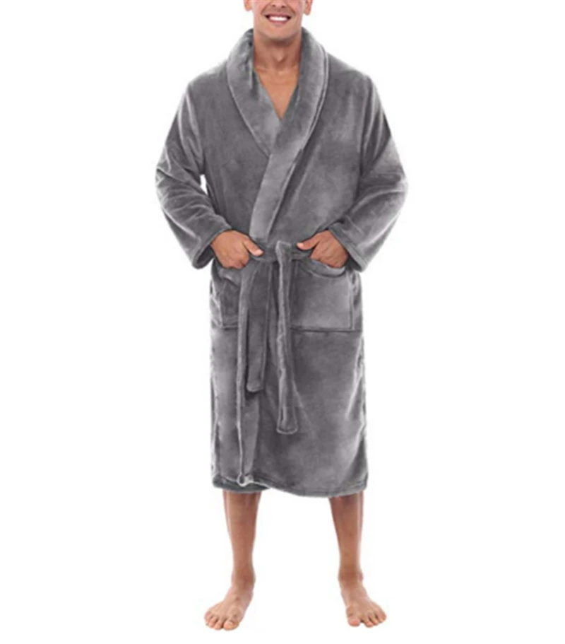 Men's Winter Warm Robes Thick Lengthened Plush Shawl Bathrobe Kimono Home Clothes Long Sleeved Robe Coat peignoir homme hot - Цвет: Серый