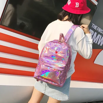

New Cute Love Heart Girl School Bag Laser Backpack Simple Metallic Silver Laser Holographic Bright Backpack Travel Bag Rucksack