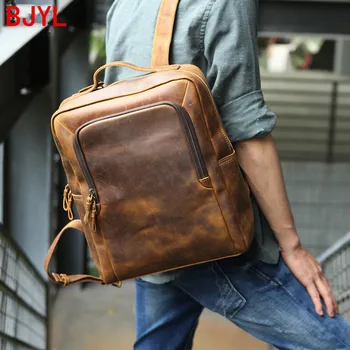 

Vintage Leather Men Backpack Computer Bag 15.6 Inch Laptop Bag Shoulder Bags Men's First Layer Cowhide Large Capacity Simple Big