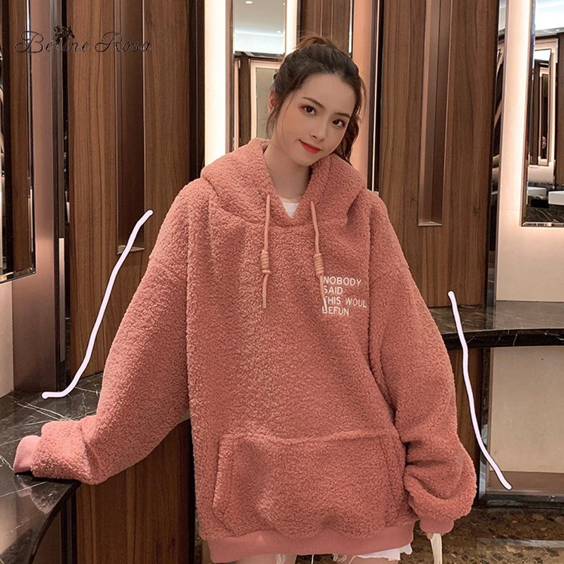 pink BelineRosa Тедди Уютный Стиль Зимние Толстовки для Женщин Повседневная Чистый Цвет Большой Флис Карманный Кенгуру Пуловеры Каваи TYW00001 - Цвет: pink