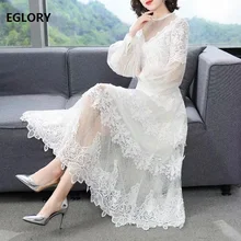 Longue robe blanche en Tulle et dentelle pour femmes, tenue de mariage de haute qualité, Sexy, maille, Patchwork, manches longues, Maxi, XL, printemps été, 2021 