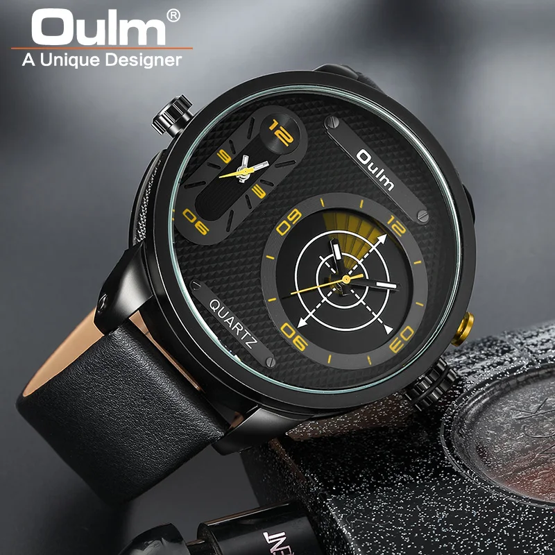 Oulm большой размер Модный светодиодный стиль крутые мужские часы люксовый бренд Мужские кварцевые часы с двумя часовыми поясами мужские кожаные Наручные часы