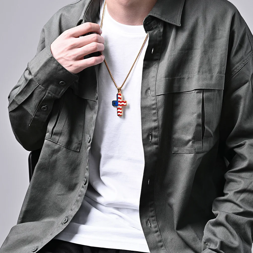 Цепочка с подвеской крестом в виде звезд и флага из нержавеющей стали|Ожерелья