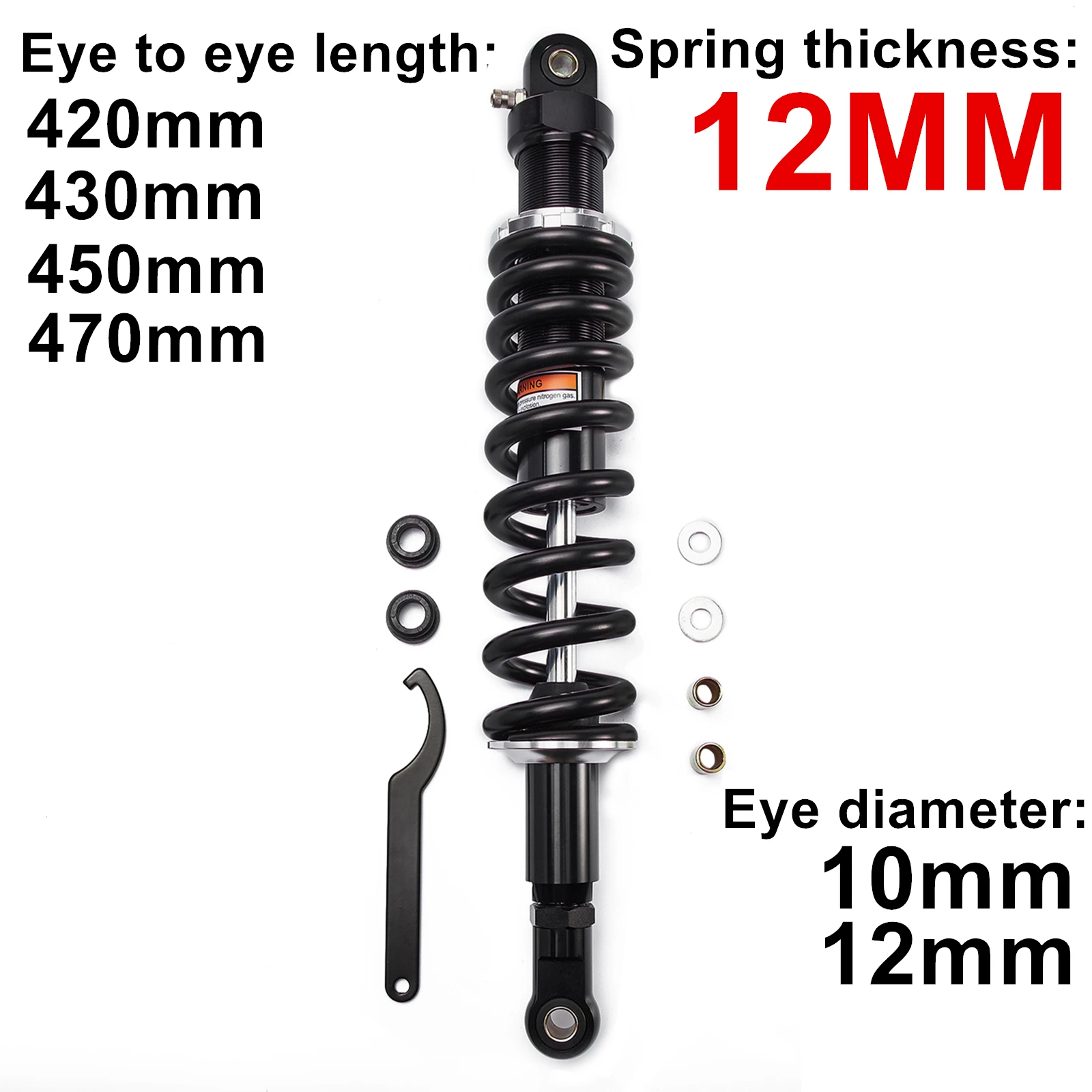 Spring 12mm Motorcycle Air Shock Absorber Rear Suspension 420mm 430mm 450mm 470mm Motor Scooter ATV Quad Dirt Bike 900lb 408KG