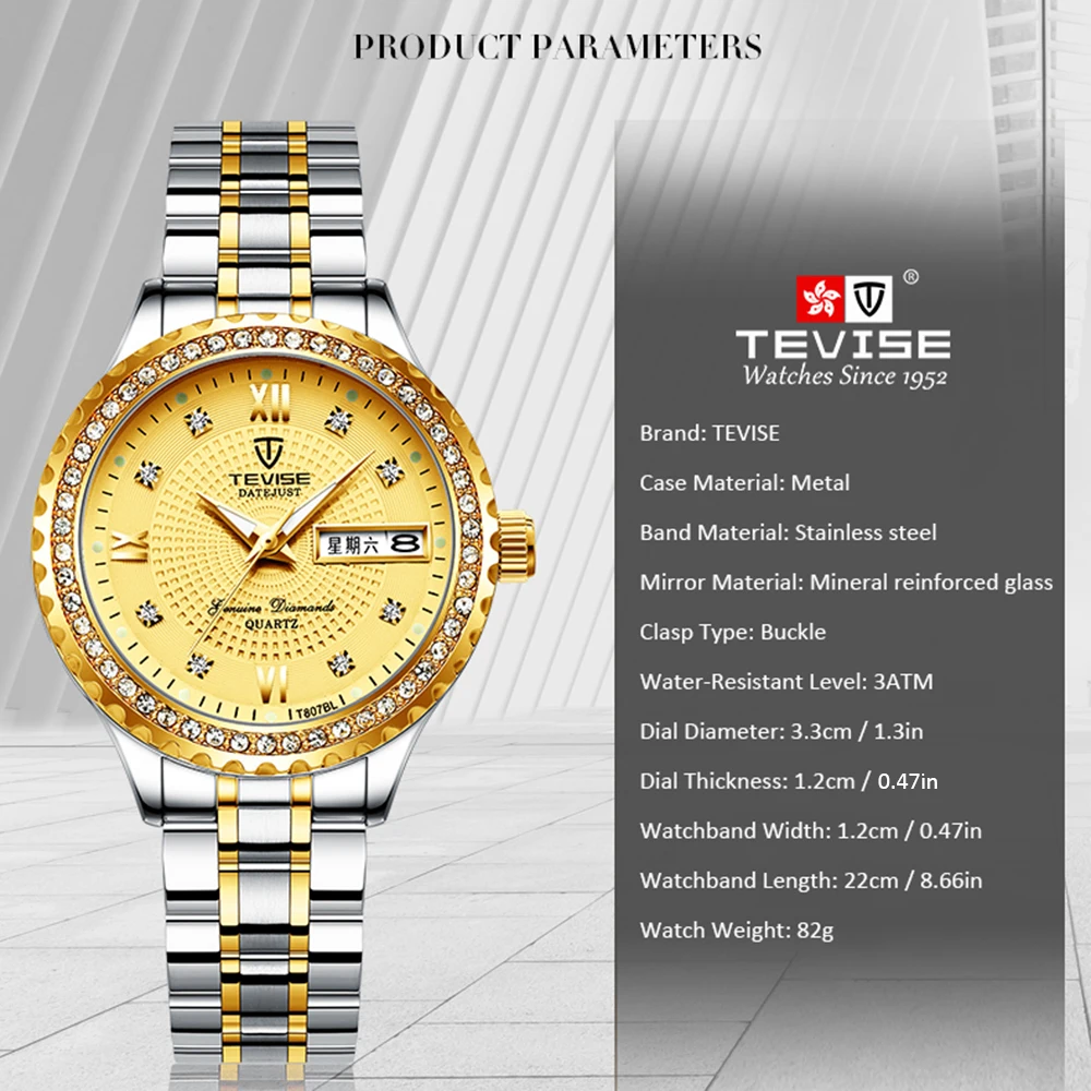 TEVISE T807BL кварцевые часы для женщин водонепроницаемые наружные ночные циркониевые украшения браслет из нержавеющей стали минеральные женские наручные часы