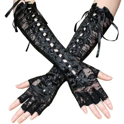 Sexy Lace Long Gloves Winter Elbow Length Half-finger Gloves Ribbon Fingerless Fishnet Mesh Etiquette Party Gloves