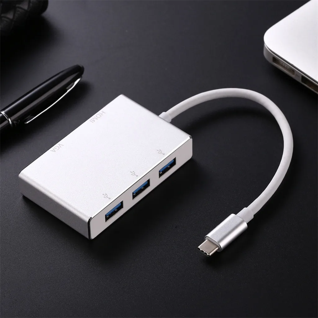 Silver Ouhaobin тип-c к HDMI VGA usb-хаб адаптер 5 в 1 USB 3,0 конвертер для ноутбука тип-c Smart HUB док-станция - Цвет: Silver