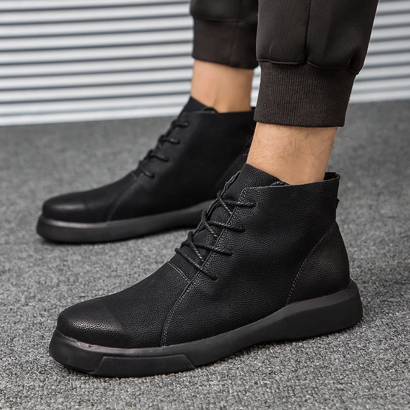 Модные мужские ботинки из натуральной кожи; коллекция года; зимняя теплая рабочая обувь на меху; резиновая HX-116 - Цвет: Black
