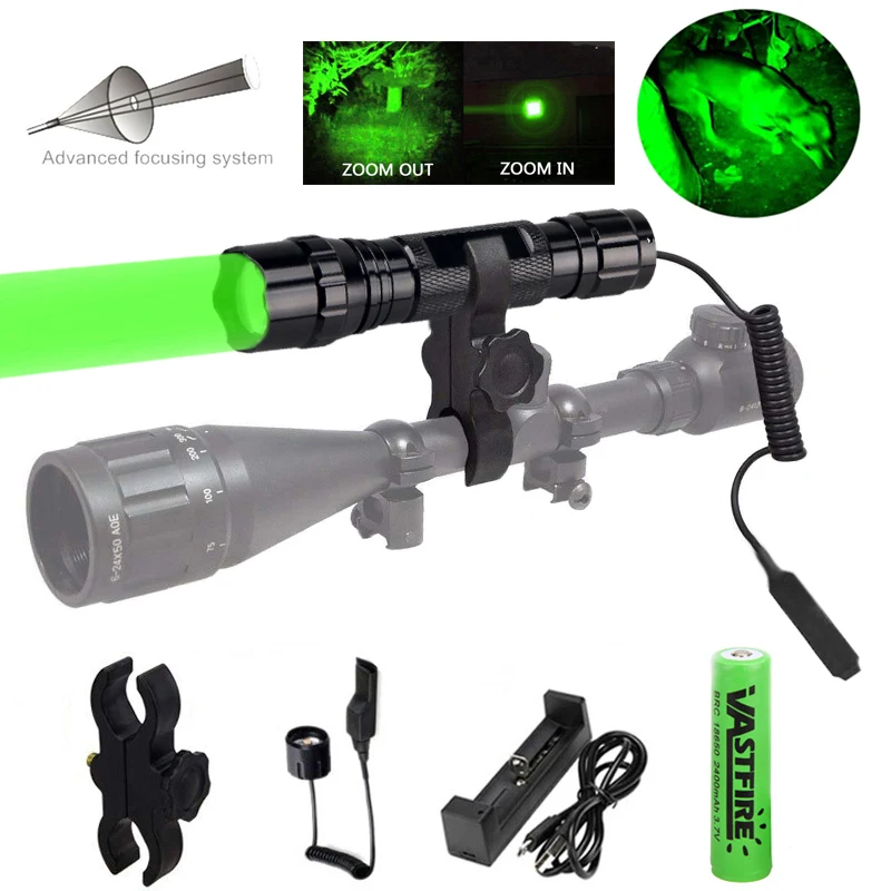 

Green Hunting Flashlight T6 LED Light Torch +Rifle Mount +Remote Pressure Switch+1*18650 Battery+USB Charger