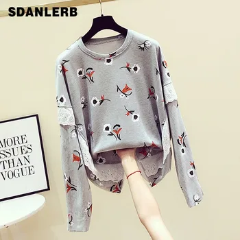 

Fall Winter Hoodies Foe Woman 2019 New Korean Flower Printing Lace Stitching Crewneck Long Sleeve Pull Coat Loose Jacket Student