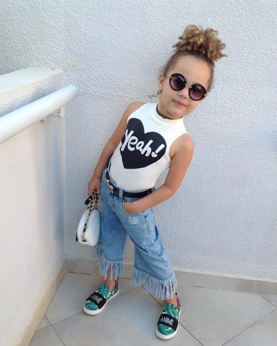 Fashion 2Pcs Kids Baby Bibs Girls Sleeveless Love Top Jeans Denim Long Tassel Pants Outfits Set Children Summer Clothes Set