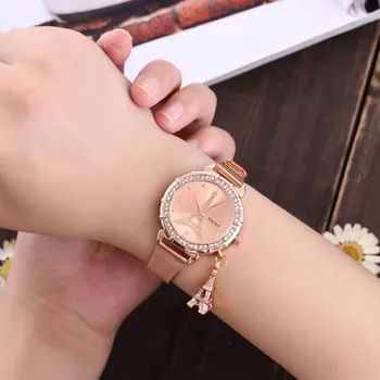 

Luxury Brand Women Watches Diamond Corrugated Watches Bracelet Set Ladies Casual Eiffel Tower Stainless Steel Quartz Wristwatch
