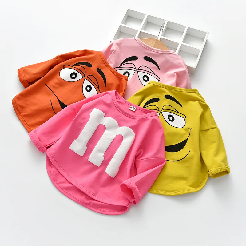 Детская футболка с длинными рукавами, хлопковые весенне-осенние топы для девочек с буквенным принтом «М», 3 цвета, яркие футболки для маленьких девочек 1-6 лет