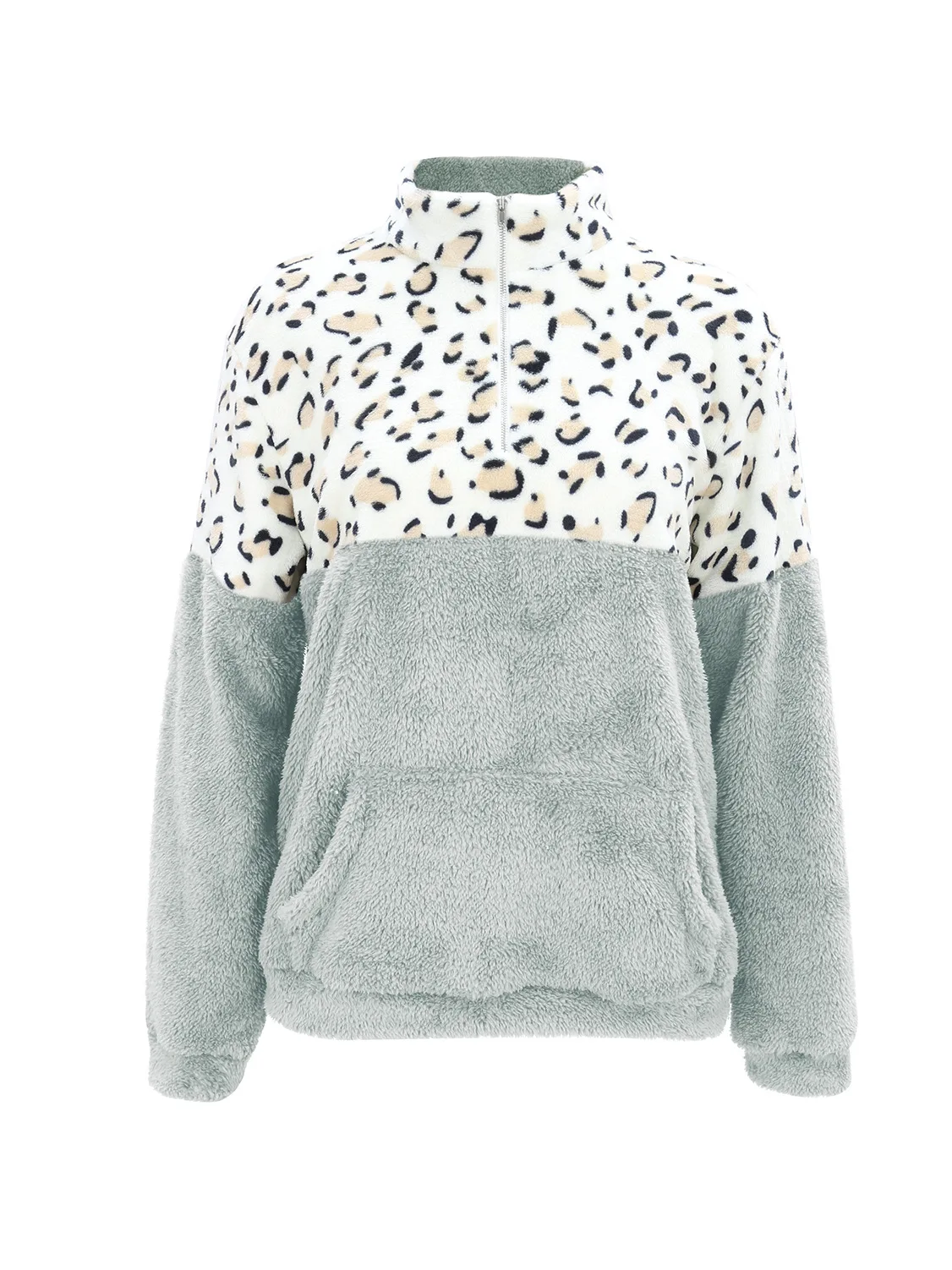 Women Fleece Sweatshirt Winter Casual Leopard Faux Fur Patchwork Fluffly Female Hoodies Warm Turtleneck Zipper Tops