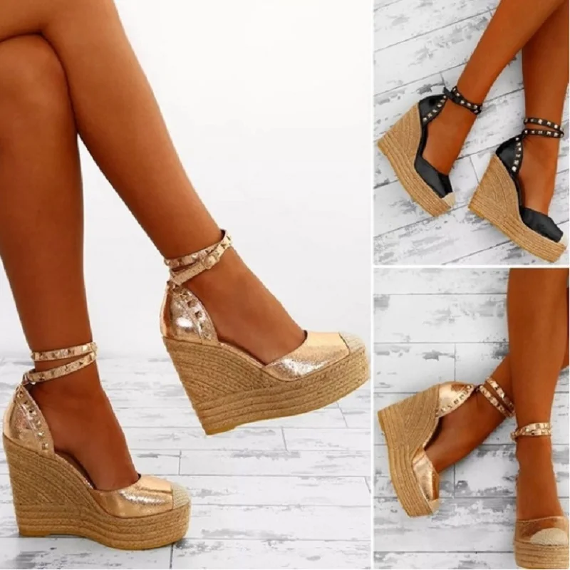 

Summer women high heels platform sandals wedges beach espadrille shoes gladiator sexy rivet ankle strap ladies pumps big size