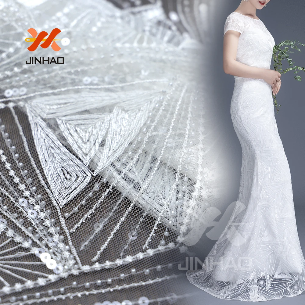 5 ярдов блесток ткань белая геометрическая вышивка кружевная ткань по двору с полупрозрачными блестками платье ткань от-кутюр