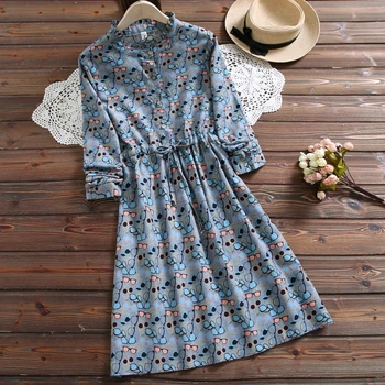 

Spring autumn japanese mori girl dress New style stand collar long sleeve colorful print cotton dress