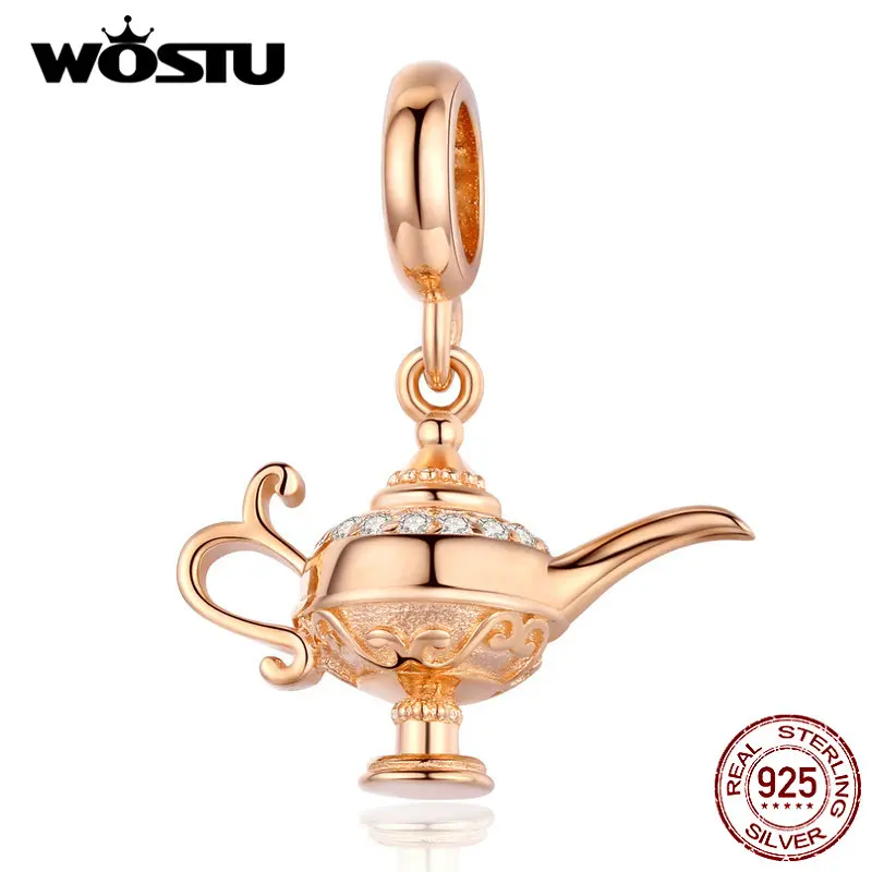 

WOSTU Real 925 Sterling Silver Lamp of Aladdin Charm Rose Gold Beads Fit Original Bracelet Pendant Lucky Wish Jewelry CQC703-C