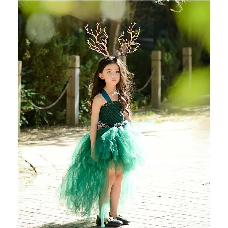 

Green Fairy Flower Tutu Dress for Girls Halloween Purim Cosplay Birthday Party Costume Handmade Flower Children Runway Dress