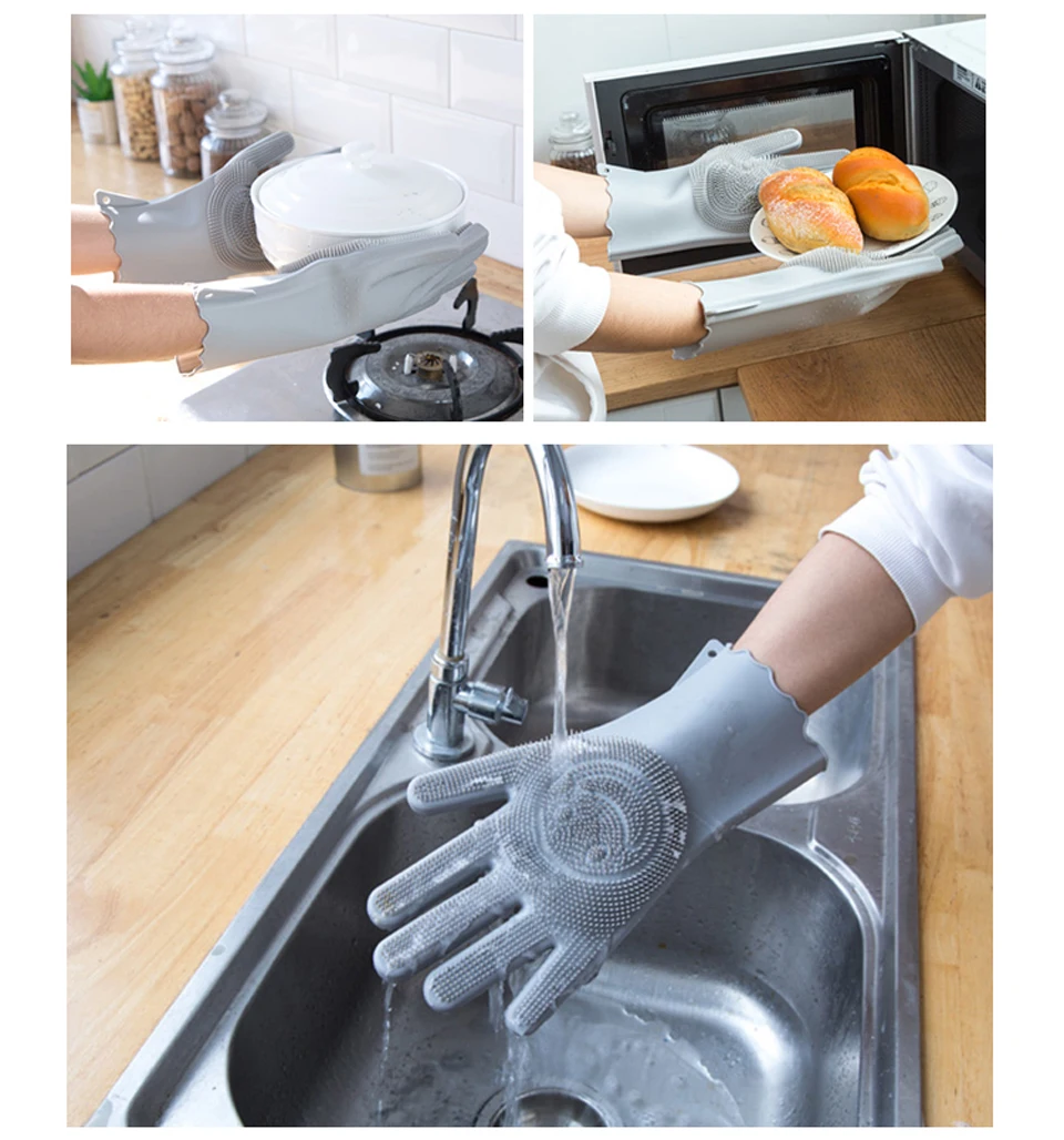 Kitchen Silicone Dishes Washing Glove with Cleaning Brush Garden Housekeeping Magic Silicone Scrubber Rubber Dishwashing Gloves