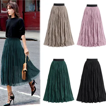 

2020 Hot Sale Newest Women Long Pleated Skirts Elastic Waist Pure Color Skirt Streetwear Holiday Travel Skirt Faldas Cortas#G30