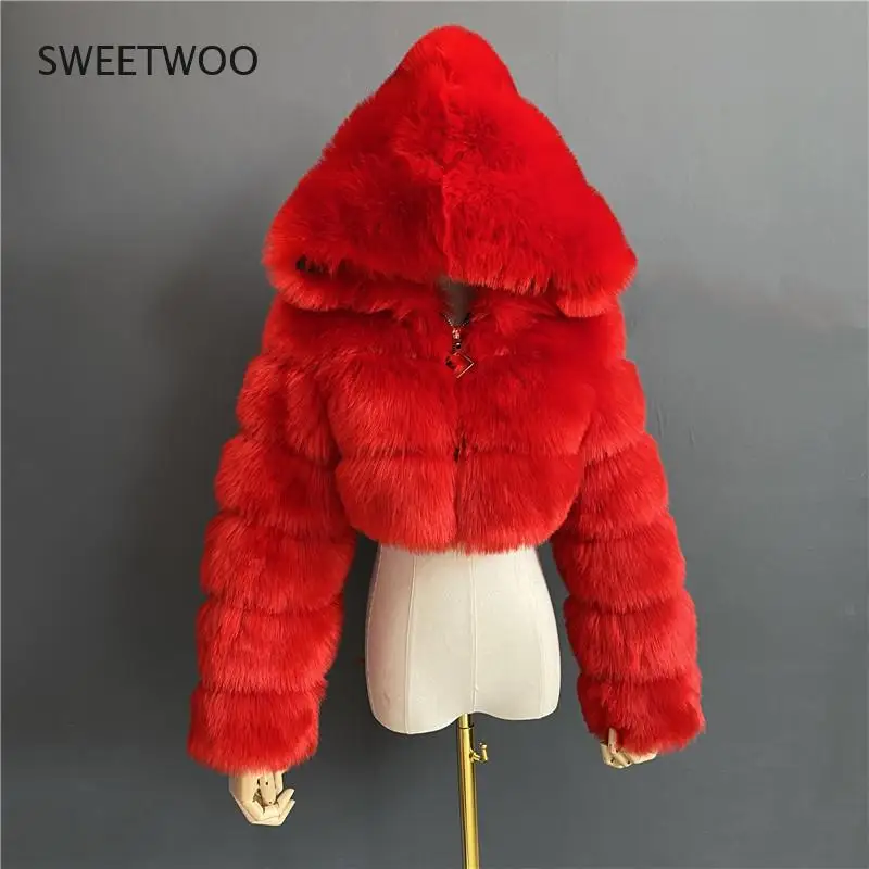 High Quality Faux Fur Jackets and Coats for Women, Short Cut, Fluffy Finish, Jacket with Hood Winter Coats Feminine Pelisse 2022