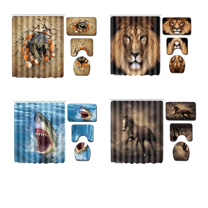 180X180Cm Waterproof Bathroom Shower Curtain Toilet Cover Mat Non-Slip Rug Set 6 Hooks