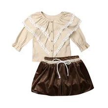 Новая одежда принцессы для маленьких девочек, топы с длинными рукавами и кружевными оборками, бархатные юбки-пачки, наряды