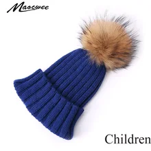 Шапка с помпоном из натурального меха для детей, зимняя вязаная шапочка, Осенняя шапочка для детей, одноцветная уличная Теплая Лыжная шапка для девочек и мальчиков