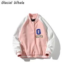 

GlacialWhale Mens Jacket Men New Fashion 2021 Patchwork Baseball uniform Coat Hip Hop Harajuku Japanese Streetwear Pink Jackets