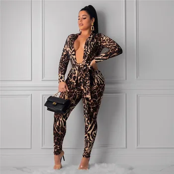 

2020 Leopard Banadage 2 Piece Set Women Elastic Waist Bow Tie Long Pants Two Piece Set Long Sleeve V Neck Coats Women Tracksuit