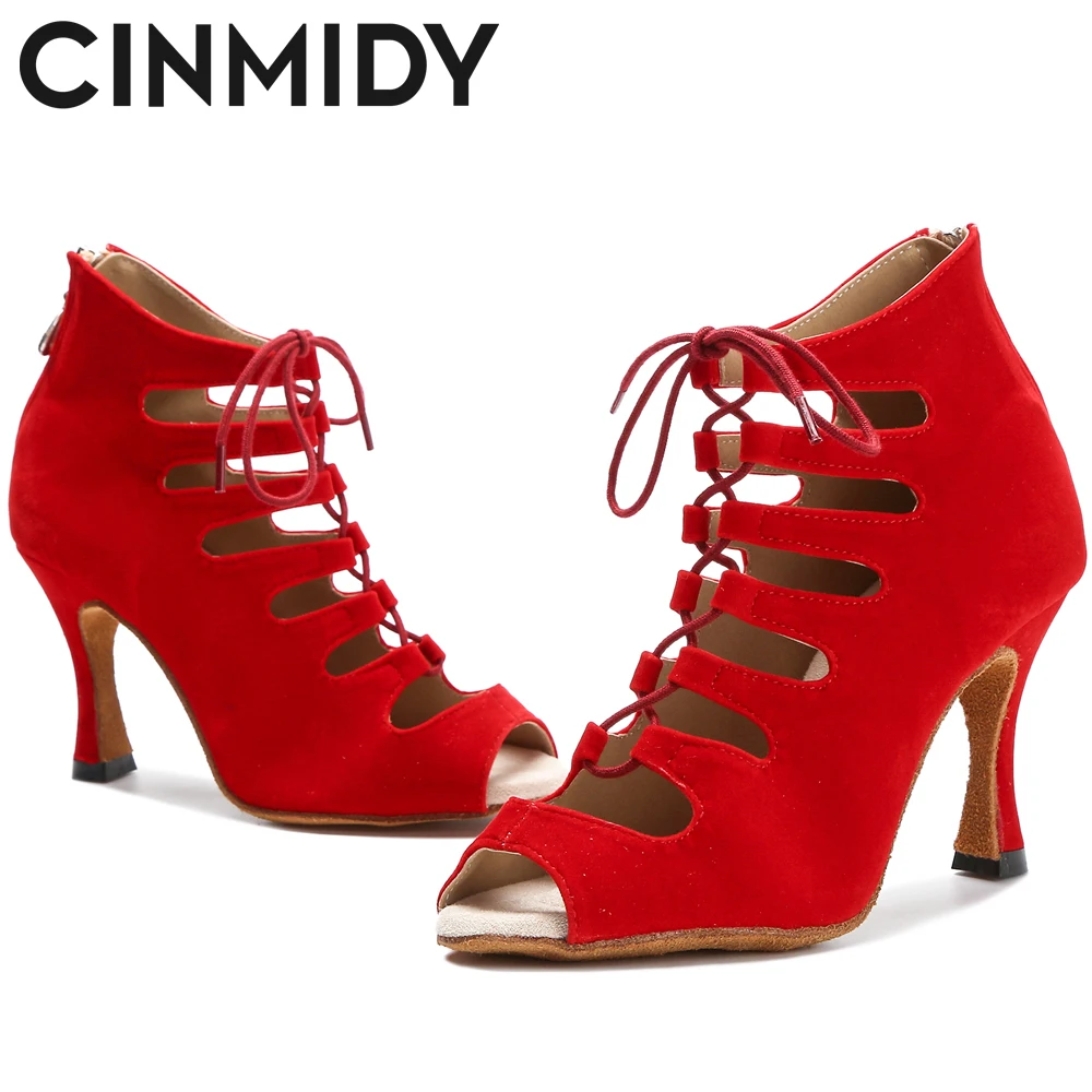 Black Latin Dance Shoes Women Tango Salsa Rumba Ballroom Satin Dance Boots Red Sexy Pole Shoes Ladies High Heels