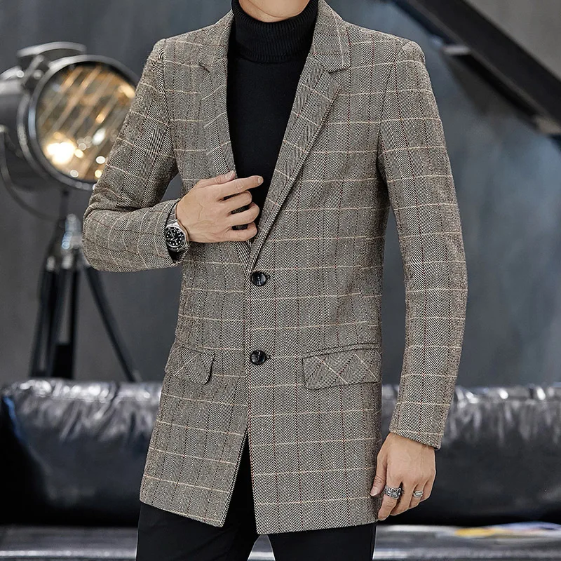 

2019 Autumn And Winter MEN'S Duster Korean-style Slim Fit Mid-length Woolen Casual Plaid Men Casual Trench Coat Coat