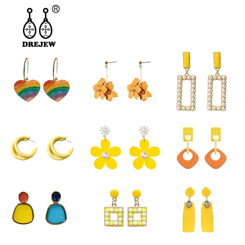 

DREJEW Korean Yellow Color Flower Geometric Heart Statement Dangle Earrings 2019 Fashion Ear Cuff 925 Drop Earrings for Women