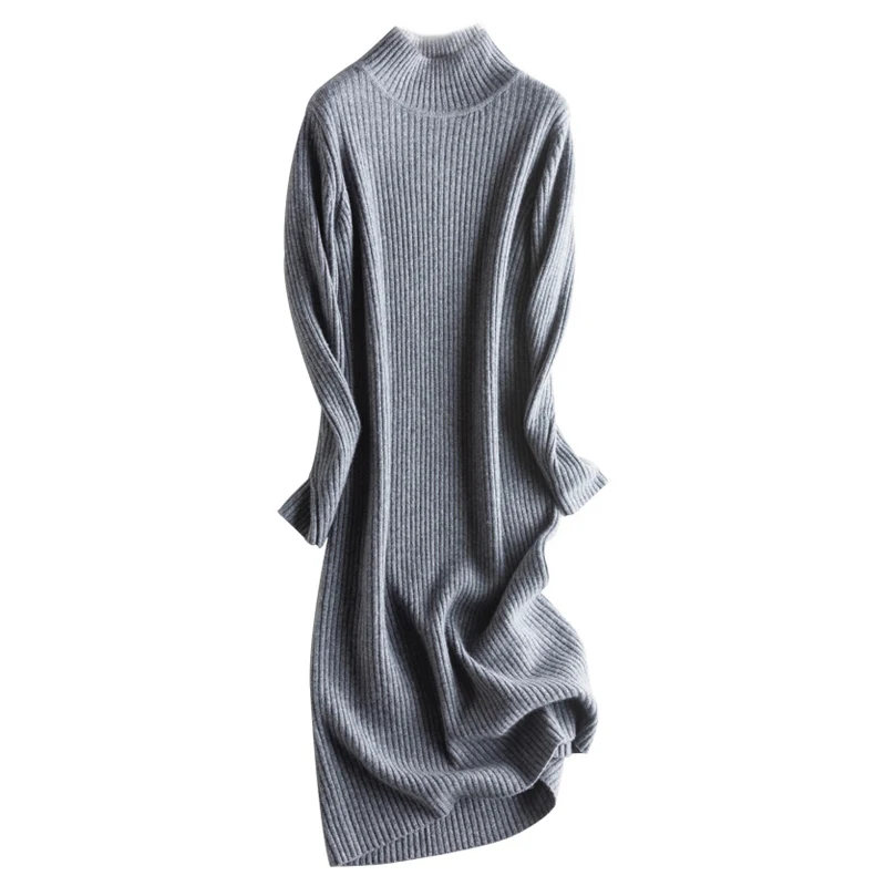 

women 2019 Autumn new Casual Knitted Dress gray Long Sleeve Turtleneck Sweater Dress Women's Clothing