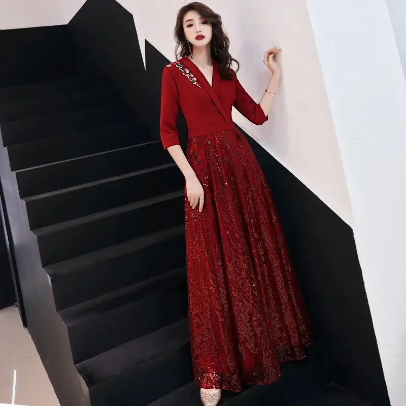 Новинка, вышивка, Qipao, сексуальное, v-образный вырез, для девушек, вечернее платье, с блестками, Сетчатое платье, благородное, Cheongsam, шикарное, Robe De Soiree - Цвет: Красный