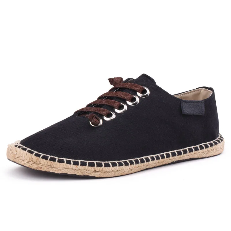 black Spring Summer Boats Shoes Hemp Canvas Sneakers Lace Up Breathable Men's Flats Espadrilles Fashion Casual Driving Shoes - Цвет: black