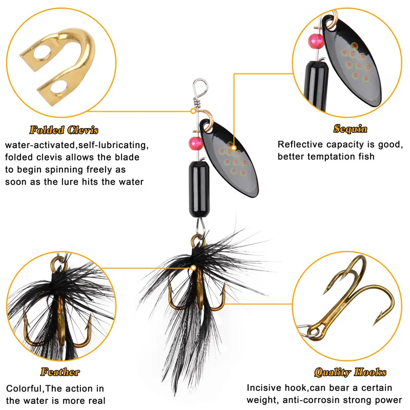 Description Picture 6 of item5/10/16Pcs Spinner Fishing Lures Spinner bait Spoon Lures with Feather Treble Hooks for Pike Trout Salmon Bass Spinner Lure