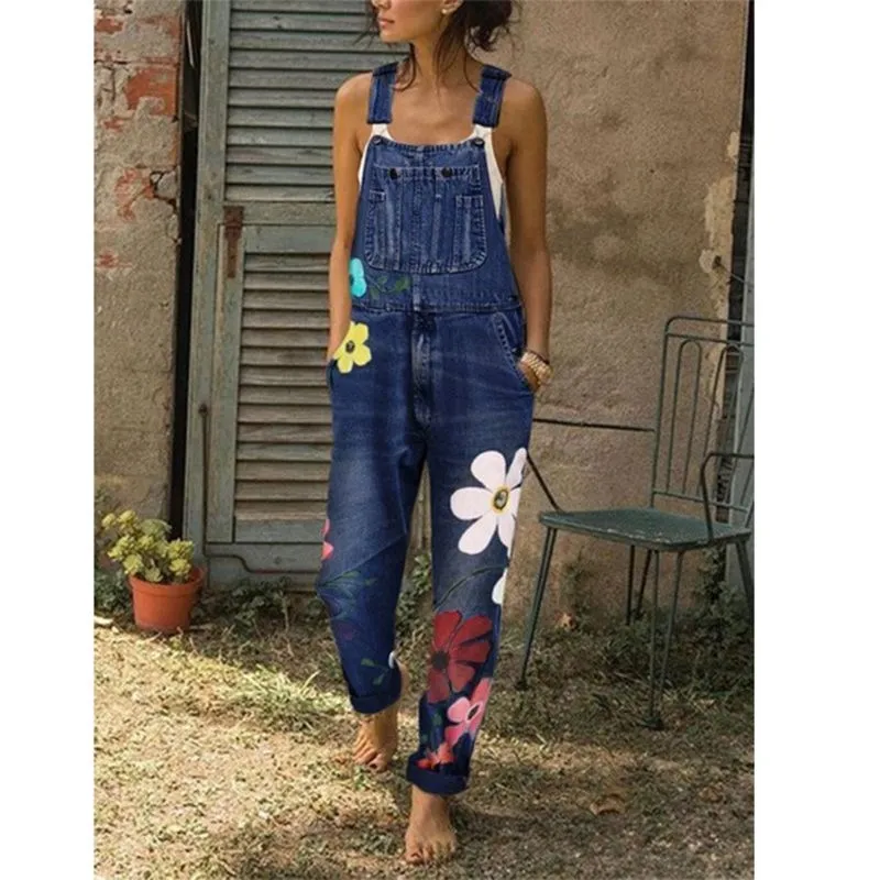 

Sleeveless Floral Flower Denim Jumpsuit Women Overalls Long Pant Frayed Jeans Women Romper High Waist Jeans Jumpsuit