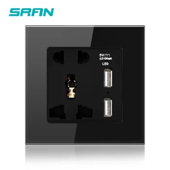 

Wall universal power socket with USB output port 5V 2.1A crystal tempered glass panel 86*86mm UK universal base hotel villa use