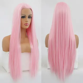 

Bombshell Baby Pink Straight Synthetic Lace Front Wig Heat Resistant Fiber Hair Natural Hairline Middle Parting For Women Wigs