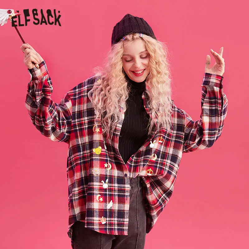 ELFSACK, красная, клетчатая, с мультяшной аппликацией, Brit graphics, Повседневная блуза для женщин, зима, с одной пуговицей, с длинным рукавом, женские топы на каждый день