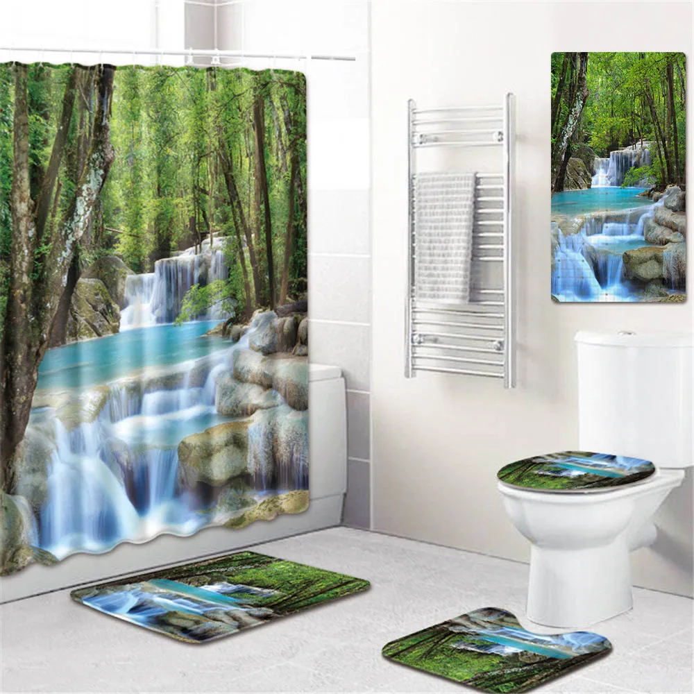 

5PCS/set 3d Print Shower Curtain Bathroom Waterproof Polyester Fabric Anti-slip Bath Mat Rug Floormat Carpet Toilet Seat Cover