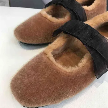 

2020 Winter New Fishion Loafers Fur Shoes Butterfly Knot Riband Flat Shoes Soft Sole Solid Women Comfort Work Shoes Luxury Brand