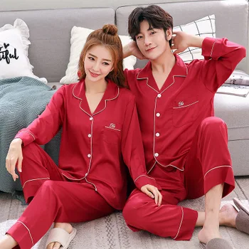 

Couple Pajamas Set Autumn Satin Chiffon Long Sleeve Men's Pajamas Set Silk Plus Size Thin Section Women's Long Sleepwear Set