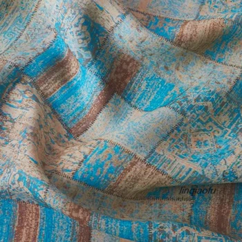 

Ramie printed fabric 2019 thin blue brown abstract lattice fabric High-end linen fabric
