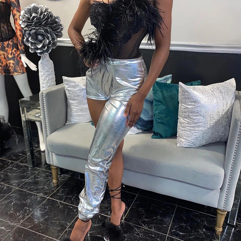 

Nighclub Fashion Unique Asymmetry Ladies PU Leather Pants High Waist Slimming Pencil Trousers Casual Women Streetwear 2021 Fall